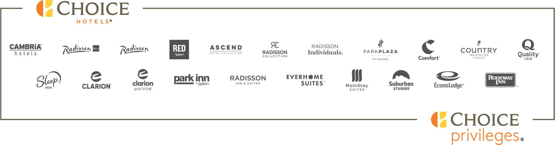 Choice Hotels and Radisson Brand Logos - | CAMBRIA HOTELS | RADISSON BLU | RADISSON | RADISSON RED | ASCEND HOTEL COLLECTION | RADISSON COLLECTION | RADISSION INDIVIDUALS | PARK PLAZA - BY RADISSON | COMFORT | COUNTRY INN & SUITES - BY RADISSON | QUALITY INN | SLEEP INN | CLARION | CLARION POINTE | PARK INN - BY RADISSON | RADISSION INN & SUITES | EVERHOME SUITES | MAINSTAY SUITES | SUBURBAN STUDIOS | ECONOLODGE | RODEWAY INN |